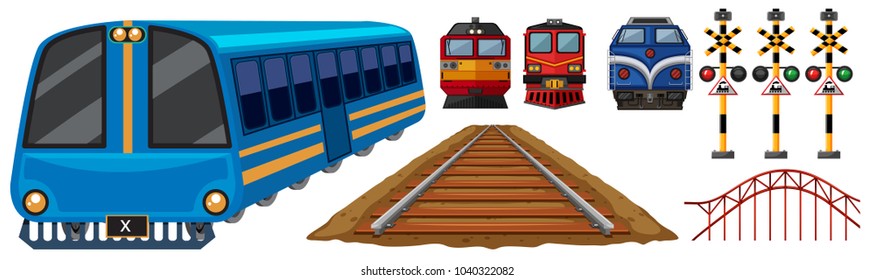 Railroad and different designs of trains illustration