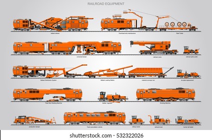 The railroad equipment machines. The railroad construction vehicles.