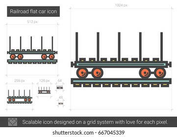Eisenbahnflaches Auto, Vektorsymbol einzeln auf weißem Hintergrund. Pkw-Leitsymbol für Infografik, Website oder App. Skalierbares Symbol, das auf einem Gittersystem entworfen wurde.