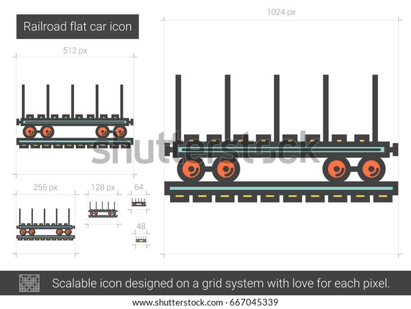 Railroad flat car vector line\
icon isolated on white background. Railroad flat car line icon for\
infographic, website or app. Scalable icon designed on a grid\
system.