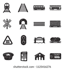 Railroad Icons. Black Scribble Design. Vector Illustration.