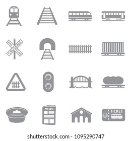 Railroad Icons. Gray Flat Design. Vector Illustration. 