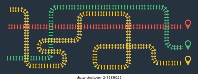 Railroad infographic with 3 track options. Red, yellow, green. Train or subway track map. Vector illustration on black background