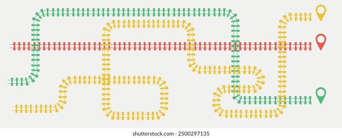 Railroad infographic with 3 track options. Red, yellow, green. Train or subway track map. Vector illustration on white background