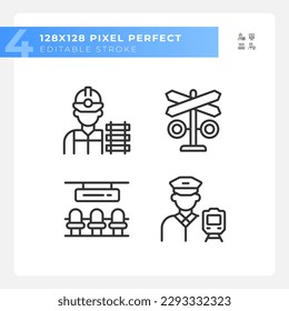 Railroad infrastructure pixel perfect linear icons set. Public transportation. Railway employment. Customizable thin line symbols. Isolated vector outline illustrations. Editable stroke