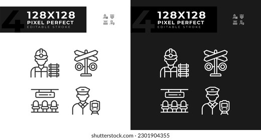 Railroad infrastructure pixel perfect linear icons set for dark, light mode. Public transportation. Railway employment. Thin line symbols for night, day theme. Isolated illustrations. Editable stroke