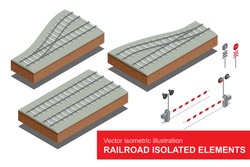Railroad Isolated Elements For Create Your Own Railway Siding. Flat 3d Illustration. 