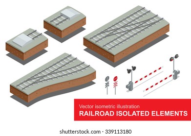 Railroad isolated elements for create your own railway siding. Flat 3d illustration. 