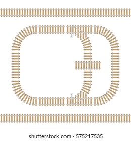 Railroad isolated elements set. Vector rail tracks brush, railway line or railroad components isolated on white background. Top view. Illustration in flat style. EPS 10.
