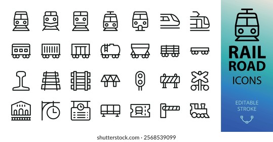 Railroad line icons set. Set of commuter train, metro, tram, monorail, rail cars, railway, railroad station clock, waiting room, railway crossing vector symbol with editable stroke