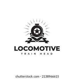 Logotipo de locomotora ferroviaria, símbolo luminoso y vía ferroviaria creativa, símbolo de icono, letra O y estrella