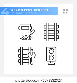 Railroad maintenance pixel perfect linear icons set. Railway track repair. Rail safety. Engineering work. Customizable thin line symbols. Isolated vector outline illustrations. Editable stroke