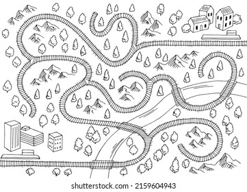 Gráfico del laberinto del ferrocarril boceto blanco negro ilustración aérea superior vector