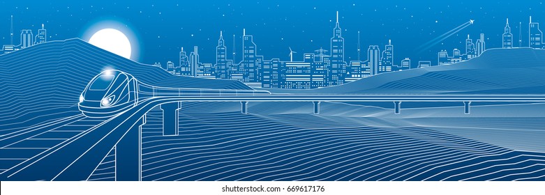 Railroad in the mountains, train move. Rock landscape, night city on background, white lines on blue background, transportation illustration, vector design art