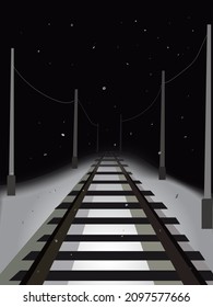Railroad on a dark night in fog