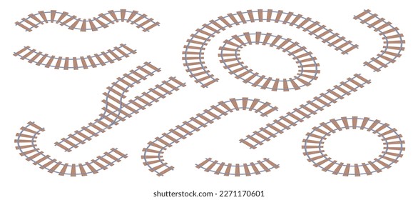 Partes ferroviarias, vías ferroviarias aisladas de madera y metal. Detalles aislados del transporte en tren para estación y conexión. Dibujo plano, ilustración vectorial