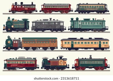 Railroad passenger trains and carriages Flat vector illustraion.