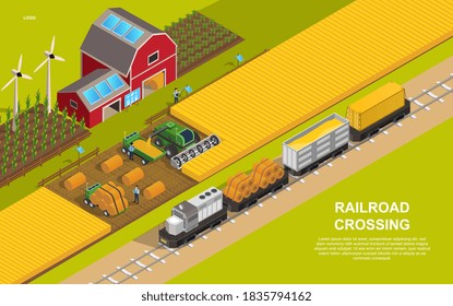 Railroad Or Rail Transportation Concept. A Train Loaded With Grain And Bales Of Hay Crossing Agricultural Land. Isometric Cartoon Vector Illustration.