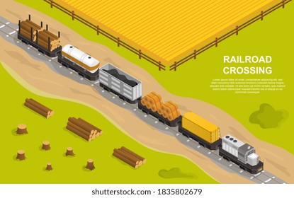 Railroad or rail transportation concept. A train loaded with grain, bales of hay, logs, coal, tank and container crossing agricultural land and tree felling. Isometric cartoon vector illustration.