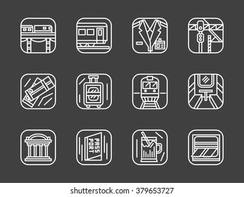 Railroad, railway station, passenger services. Transportation industry. Set of stylish white line vector icons on black background. Elements of web design for business, website and mobile.