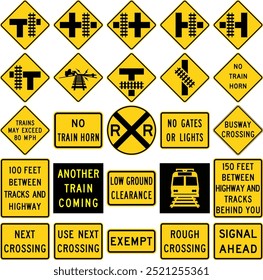 Señales de advertencia de ferrocarril y carretera Colección con indicadores activados de tren ligero, bocina, holgura baja y exentos. Iniciar sesión de carreteras de los Estados Unidos.