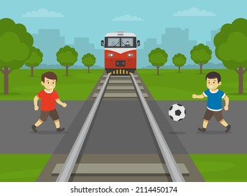 Normas y consejos de seguridad ferroviaria. No juegue en las vías ferroviarias o cerca de ellas. Niños pequeños hombres juegan fútbol en el cruce de niveles. Plantilla de ilustración vectorial plana.