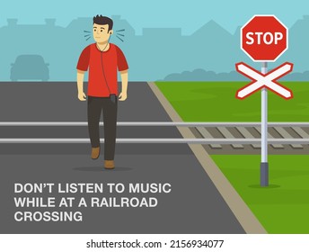 Normas y consejos de seguridad ferroviaria. No camines escuchando música mientras estás en un cruce de ferrocarril. Carácter masculino escuchando música fuerte y cruzando el nivel. Plantilla de ilustración vectorial plana.