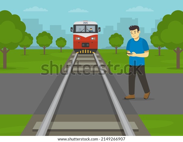 Railroad safety rules and\
tips. Do not use mobile phone on or near railway tracks . Male\
texting phone while crossing the railroad. Flat vector illustration\
template.
