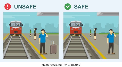 Railroad safety rules and tips. Keep back from platform edge. Dos and don'ts. Man calling the phone on platform while train is approaching. Flat vector illustration template.