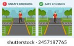 Railroad safety rules and tips. Safe and unsafe railroad crossing. Cross when it is safe. Do not use mobile phone on or near railway tracks. Flat vector illustration template.