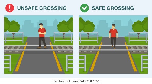 Railroad safety rules and tips. Safe and unsafe railroad crossing. Cross when it is safe. Do not use mobile phone on or near railway tracks. Flat vector illustration template.