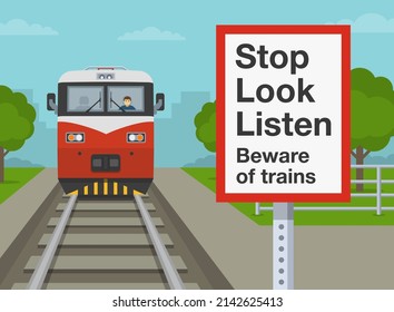 Railroad safety rules and tips. Stop Look Listen warning sign for pedestrians on railway platform while train is approaching. Keep back from platform edge warning. Flat vector illustration template.