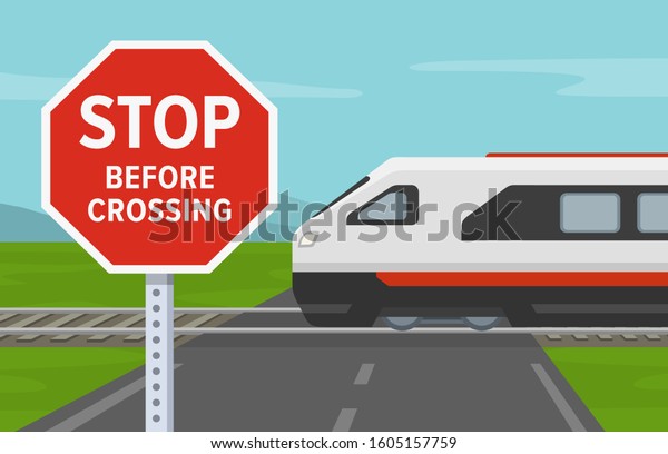 Railroad safety rules and tips. Stop before
crossing the railway sign.  Express passenger train is approaching.
Flat vector illustration
template.