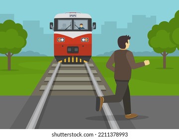 Railroad safety rules and tips. Young male character crossing the railroad tracks while train is approaching. Flat vector illustration template. 