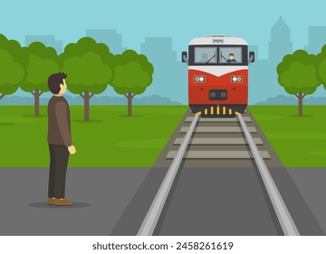 Railroad safety rules and tips. Young male character waiting to cross the tracks while train completely pass. Flat vector illustration template. 