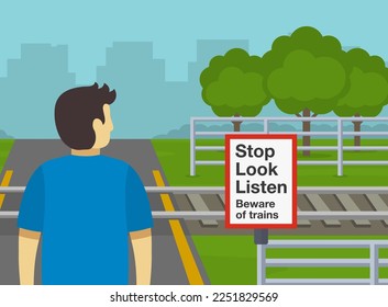 Railroad safety tips and rules. Close-up of male character looking both ways to cross the railways. Stop, look, listen and beware of trains. Flat vector illustration template.