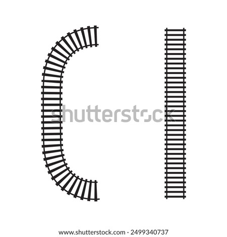 Railroad segments. Fence or stairs textures. Railway elements top view. Train track straight and curved lines isolated on white background. Vector graphic illustration.