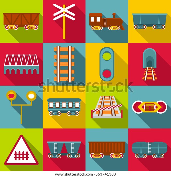Railroad station items icons\
set. Flat illustration of 16 railroad station items vector icons\
for web