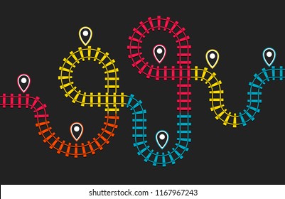 Railroad stations map, railway route, rail track direction, train colorful map on black background, subway top view, infographic elements, simple vector illustration.