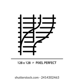 Railroad switch pixel perfect black glyph icon. Rail turnout. Railway junction. Train crossroad. Traffic control. Silhouette symbol on white space. Solid pictogram. Vector isolated illustration