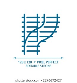 Railroad switch pixel perfect blue RGB color icon. Rail turnout. Railway junction. Train crossroad. Traffic control. Isolated vector illustration. Simple filled line drawing. Editable stroke