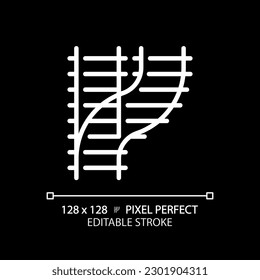 Icono lineal blanco perfecto del interruptor ferroviario para el tema oscuro. Concurrencia al tren. Unión ferroviaria. El cruce de trenes. Ilustración de línea delgada. Símbolo aislado para el modo nocturno. Trazo editable