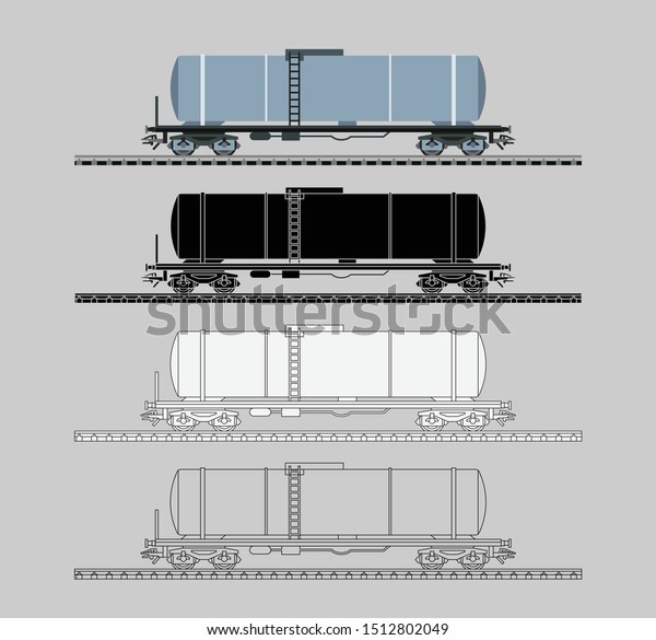 Railroad tank cars. Train tanks\
illustration presented as pictogram, black and white, line and flat\
illustration. Tank wagon vector flat and line\
illustration.
