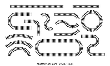 Railroad top view set. Twisted and straight black path made of steel lines with turns and serpentine for travel by train and vector locomotive