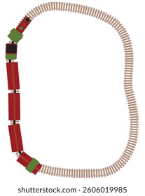 A railroad track border with a small train going around it.