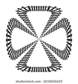 Railroad track element. Curved rail symbol. Perspective loop vector. Black train shape.