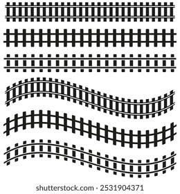 Symbol für Eisenbahngleise. Gekrümmte und gerade Schienen. Verkehrszeichen. Schwarzweißvektor.