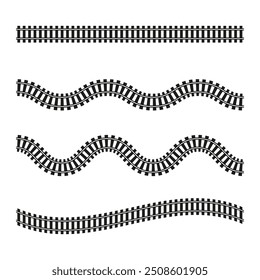 Railroad track icon set. Curved and straight black rails. Wavy patterns and designs. Simple vector collection.