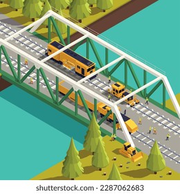 Vehículos de construcción de vías férreas máquinas de equipos ferroviarios composición isométrica con visión exterior de la ilustración del vector puente de tren