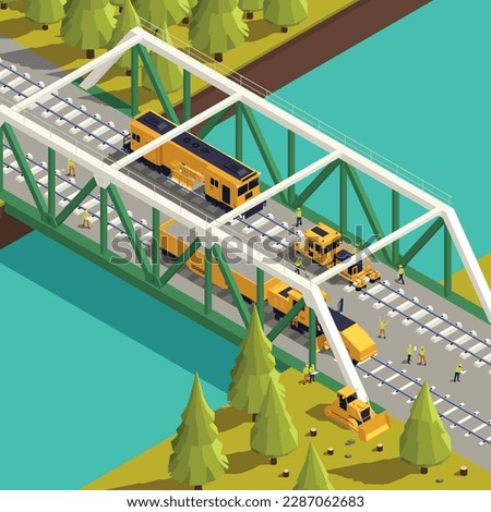 Railroad track laying construction vehicles railway equipment machines isometric composition with outdoor view of train bridge vector illustration